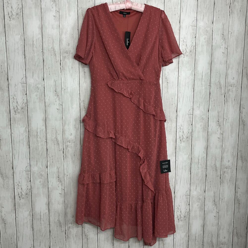 Lulus Next To You Rusty Rose Swiss Dot Ruffled Fairy Cottage Midi Slit Dress